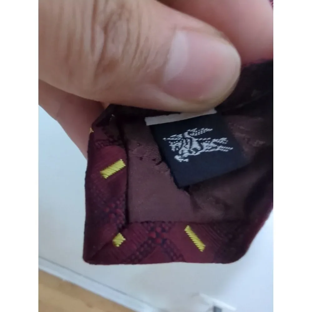 Burberrys of London Men Silk Tie Burgundy Yellow Geometric Hand Sewn USA Vintage